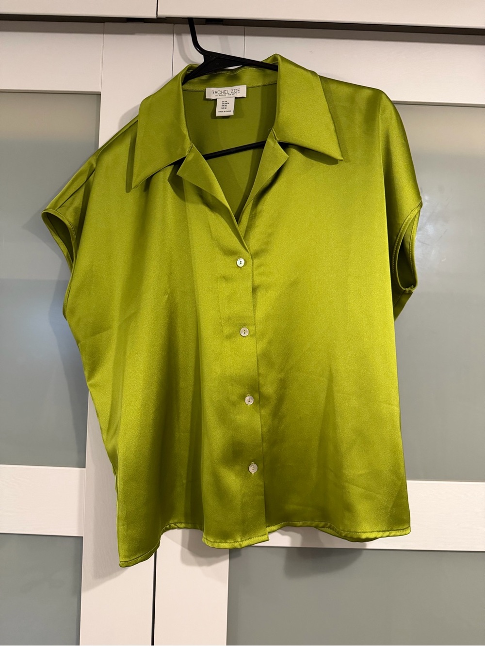 Rachel Zoe Lime Green Satin Button-Front Cap Sleeve Blouse